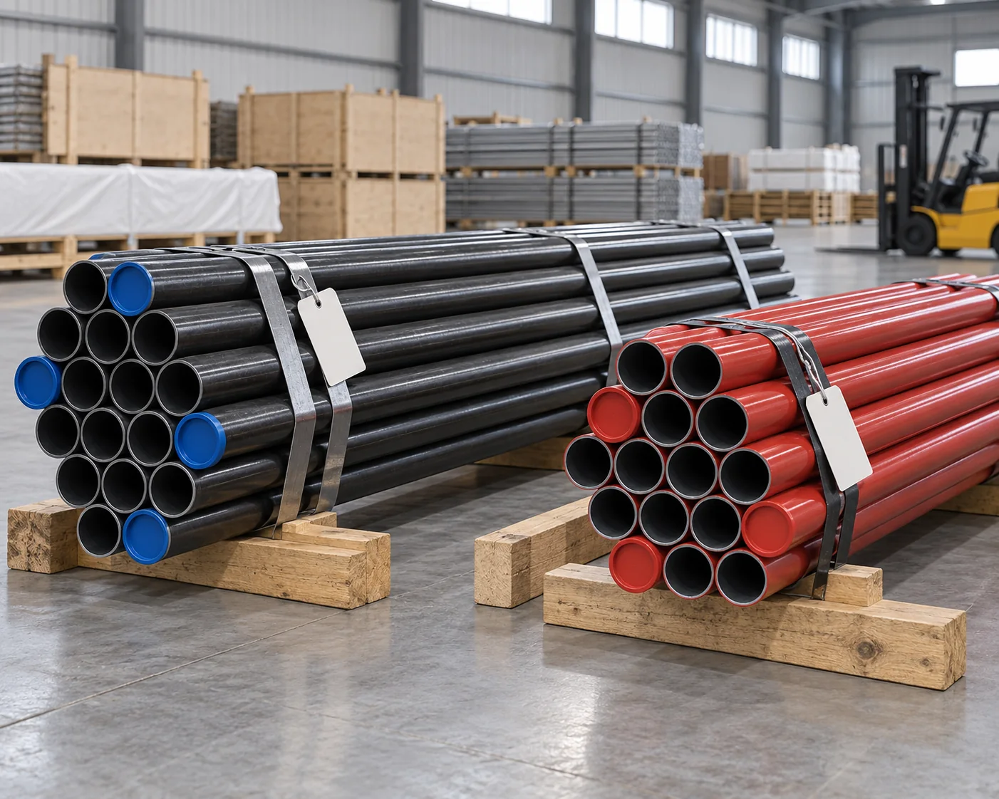 Separate black and red-coated steel pipe bundles with straps and timber supports