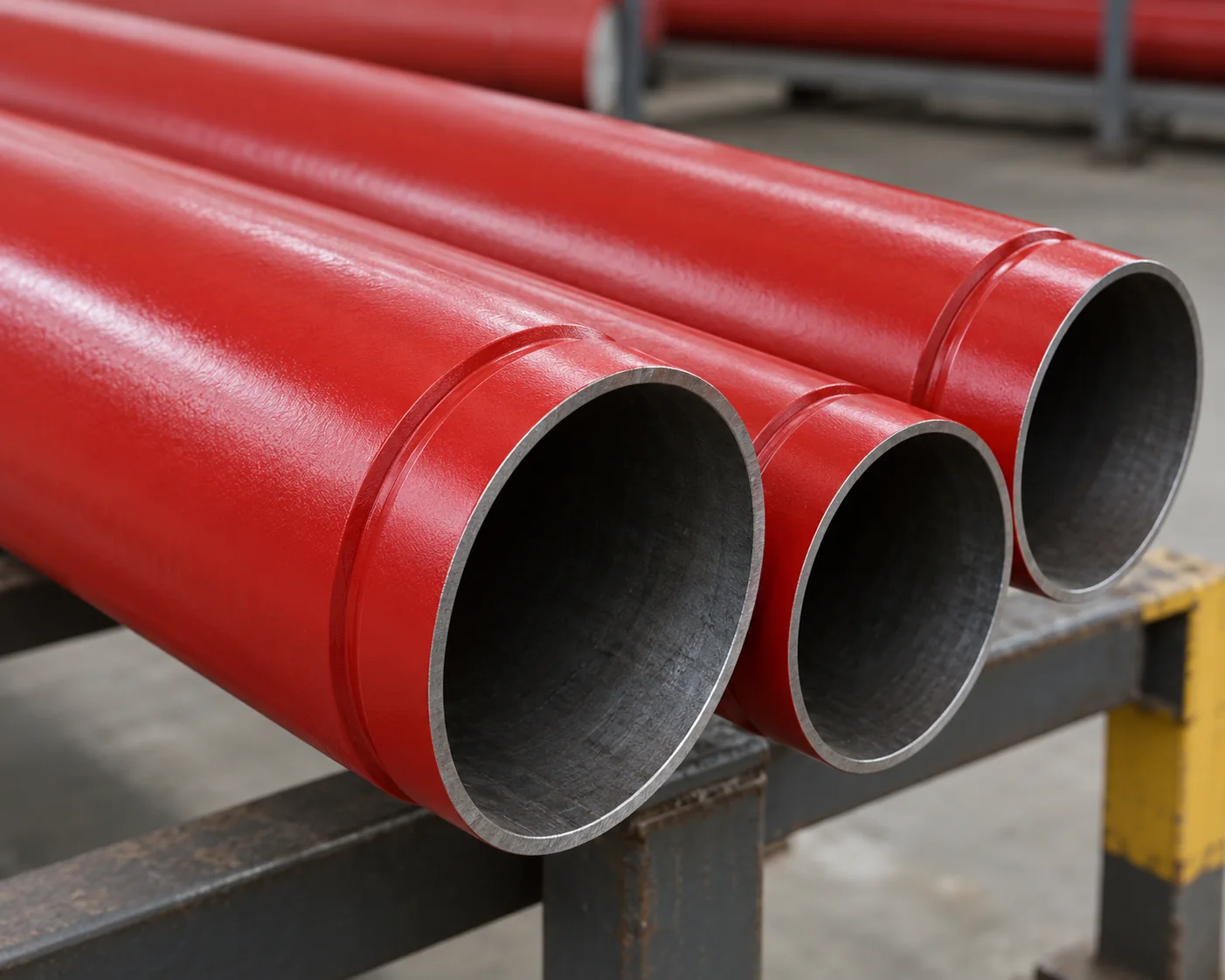 Red-coated steel pipe with an open bore and a groove near the end