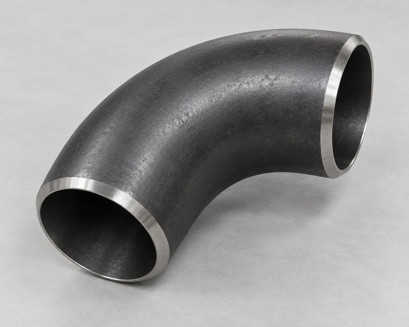 Long-radius 90-degree carbon steel elbow with beveled weld ends