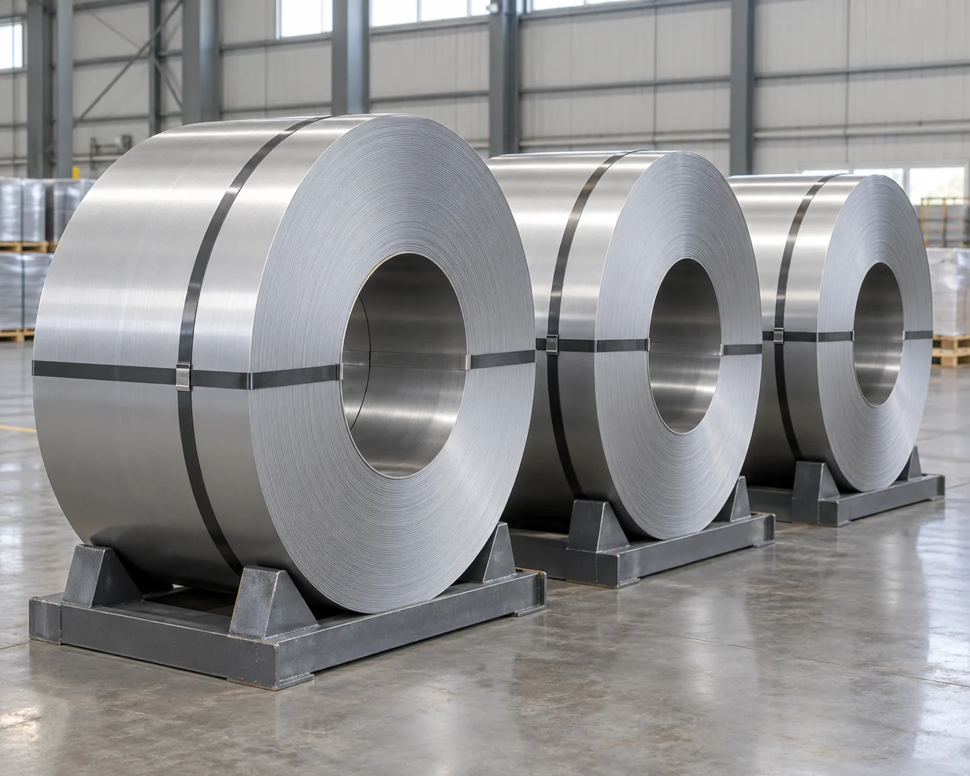 Wide silver steel coils supported on steel cradles in a warehouse.