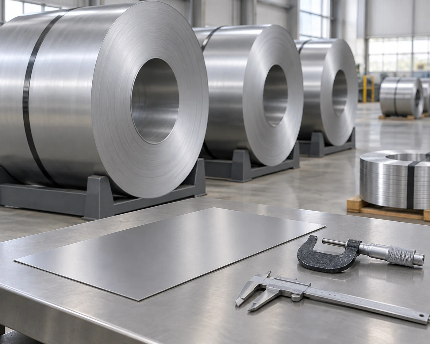 Thin cold-rolled steel strip coupon beside a resting micrometer and caliper