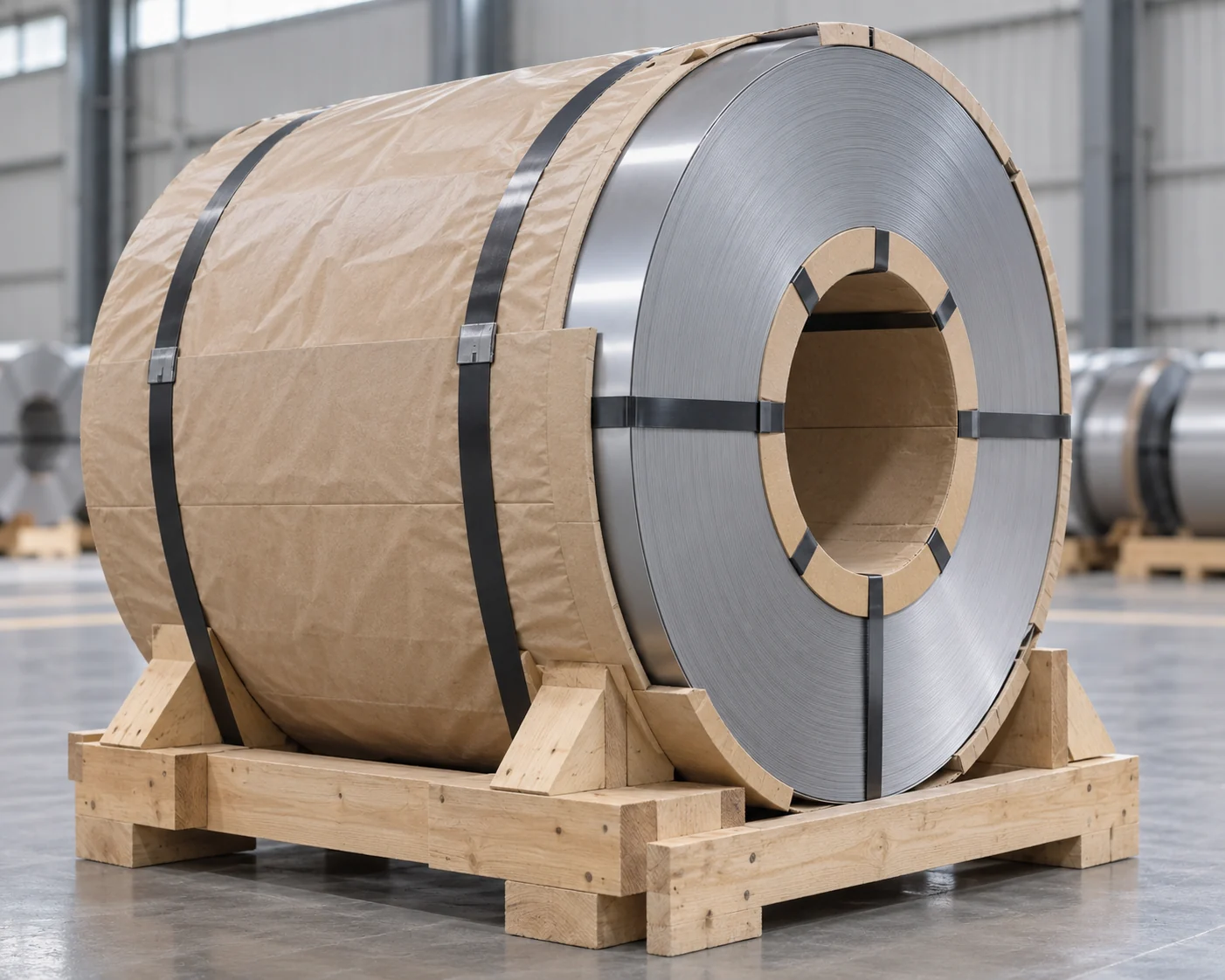 Barrier-wrapped cold-rolled coil with edge protection on a timber saddle
