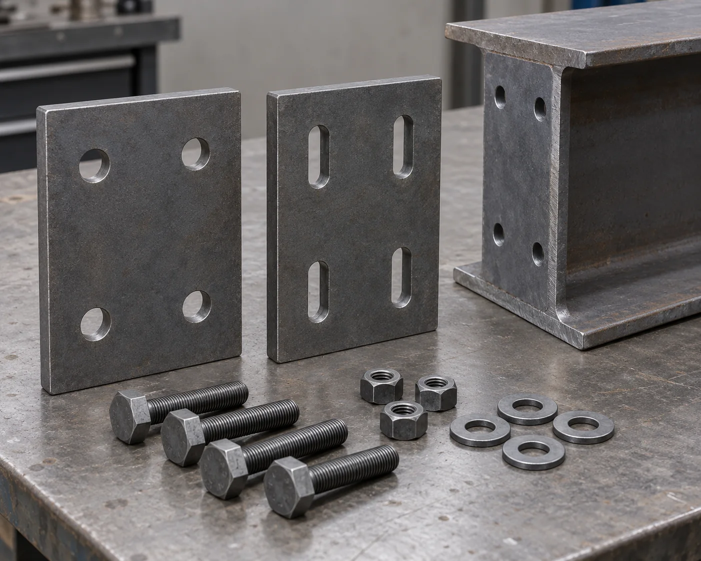 Structural connection plates with round holes and slots beside a drilled steel member