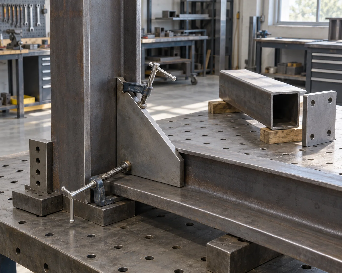 Steel frame members positioned with gussets and clamps before welding