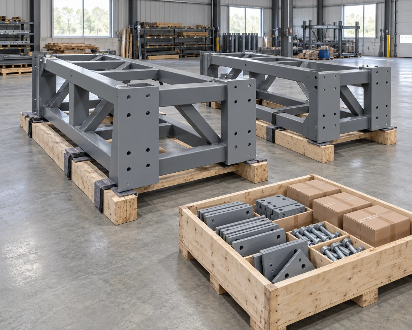 Fabricated steel assemblies and separate connection parts grouped on protected shipping supports