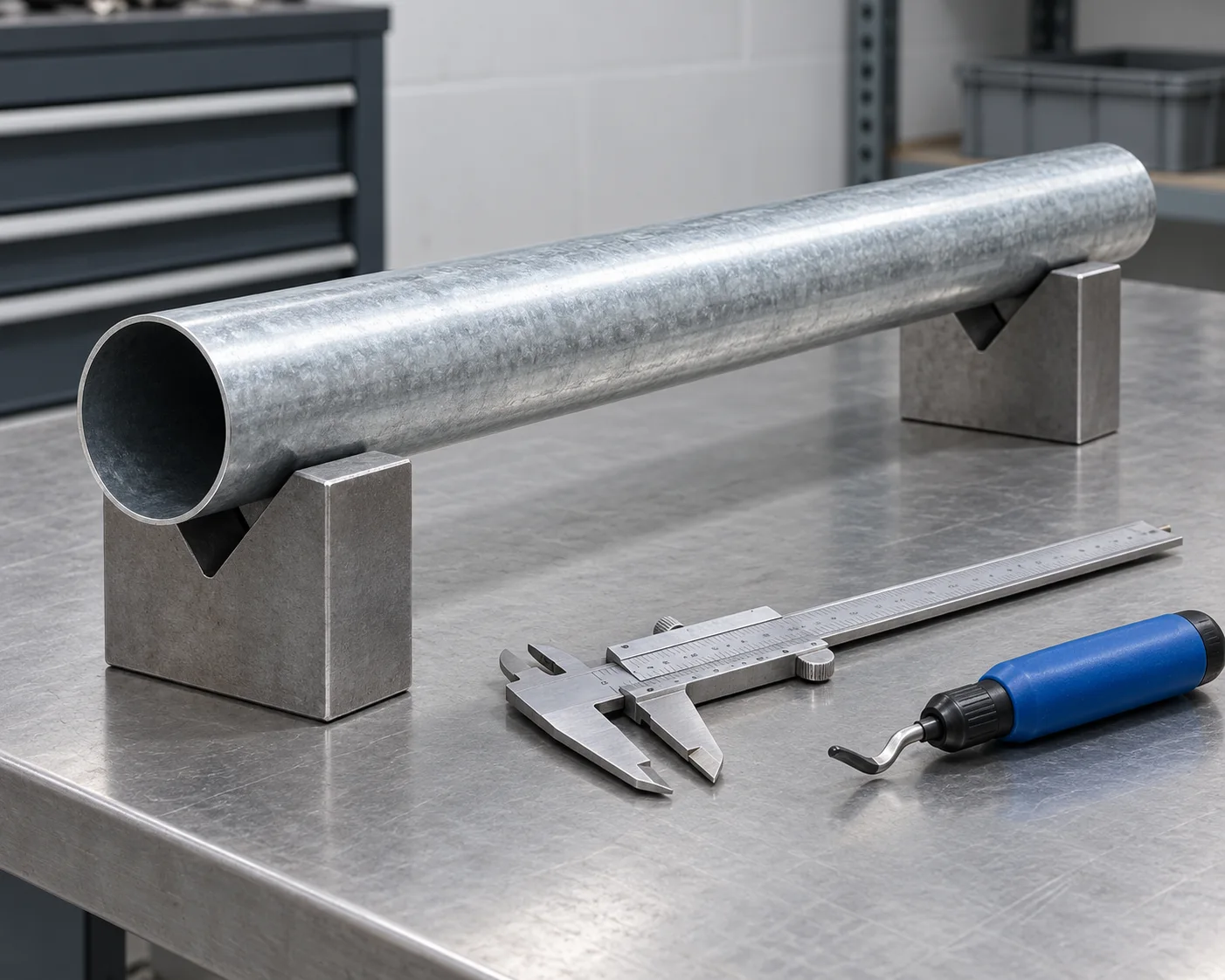 Plain-end EMT conduit in V-block supports with inspection tools at rest