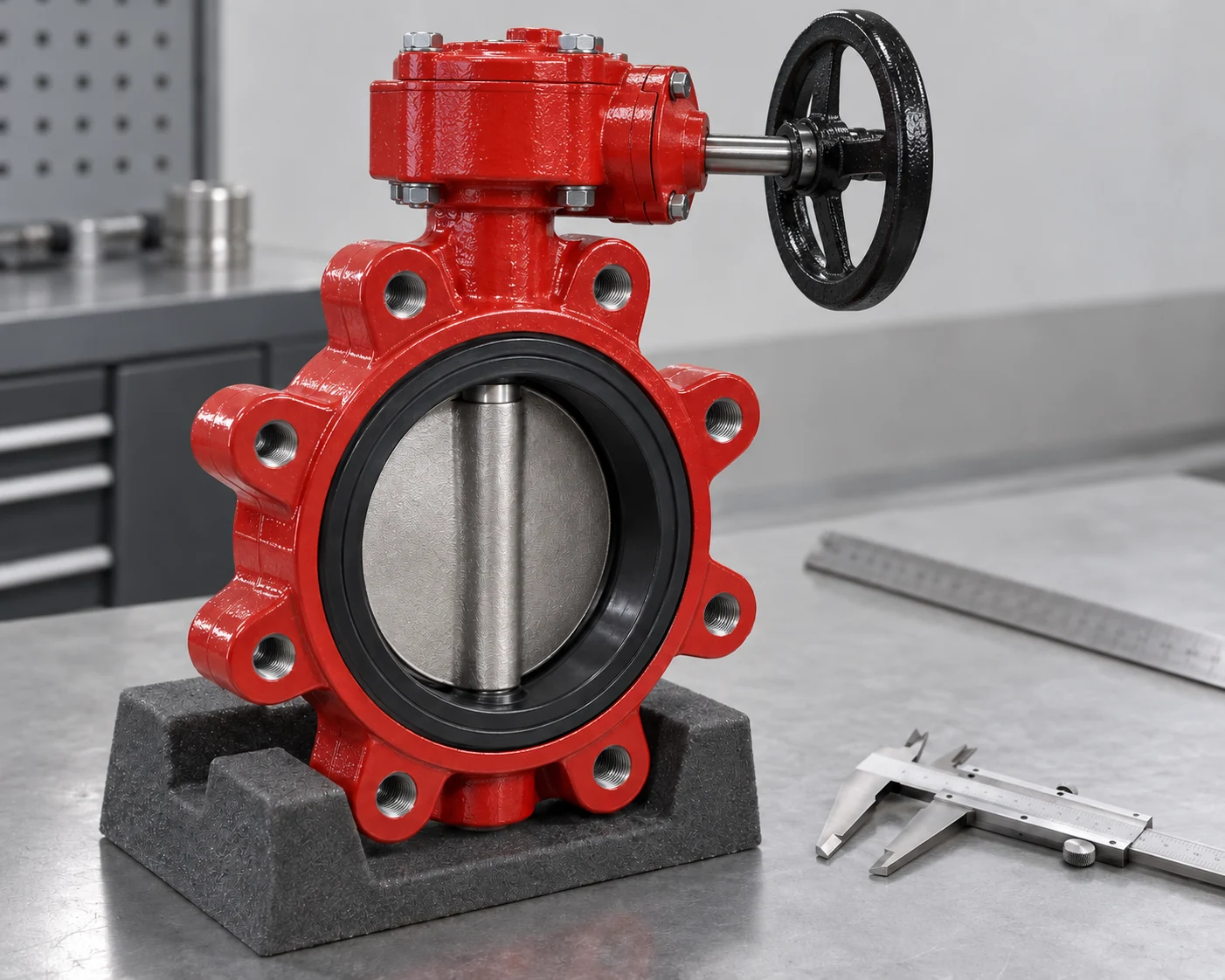 Lug butterfly valve with exposed disc and seat beside dimensional inspection tools