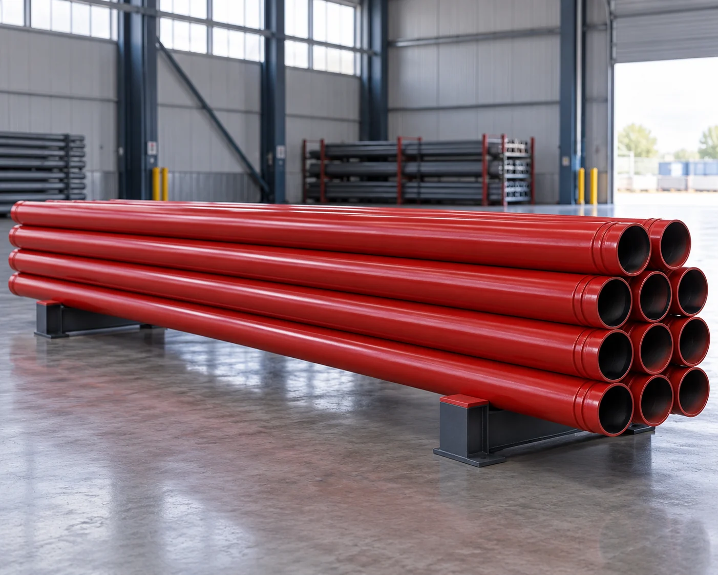 Straight red fire sprinkler pipe lengths on warehouse supports
