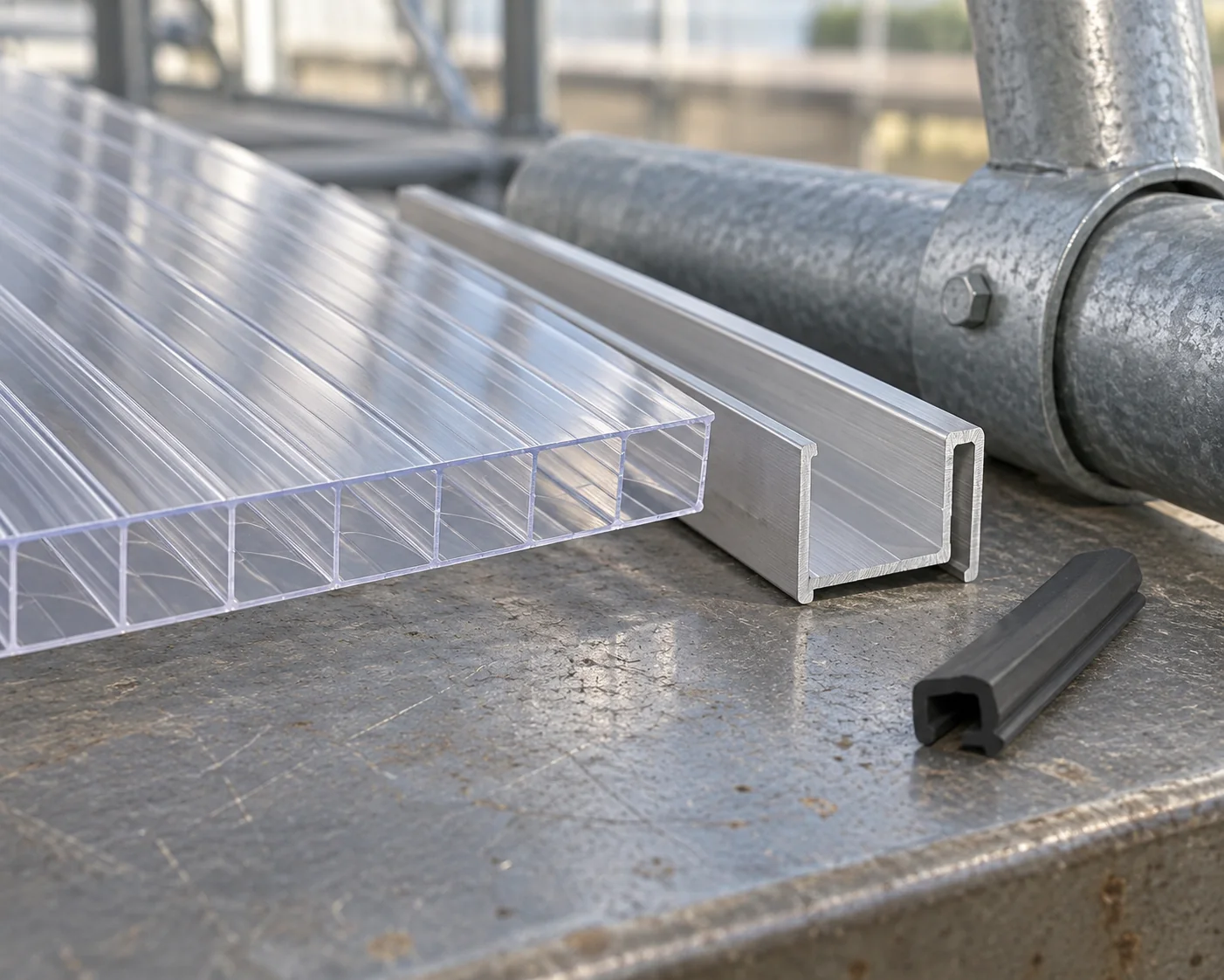 Multiwall panel sample and generic retention channel beside galvanized greenhouse tubing