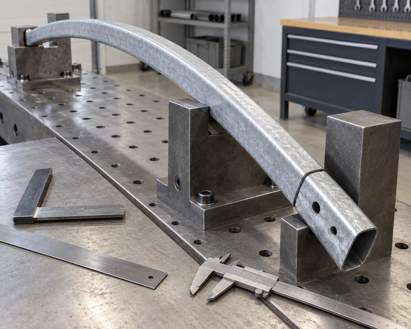 Curved galvanized greenhouse member on a geometry fixture beside idle inspection tools