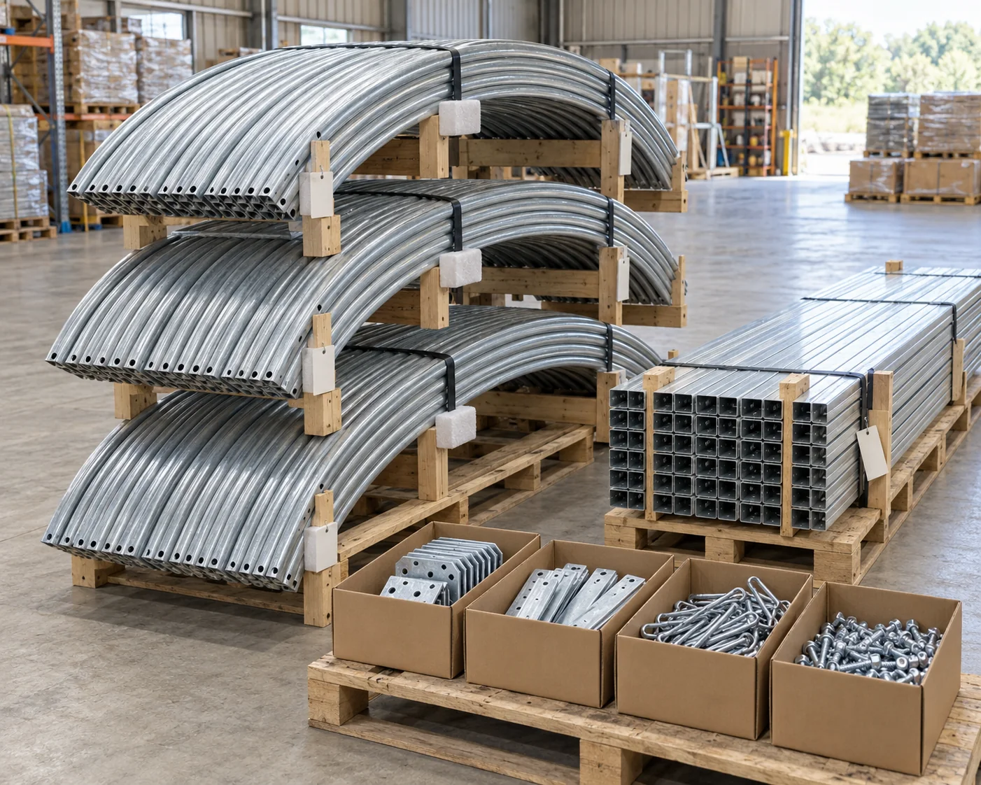 Supported curved greenhouse members, straight purlin bundles and separate connector boxes