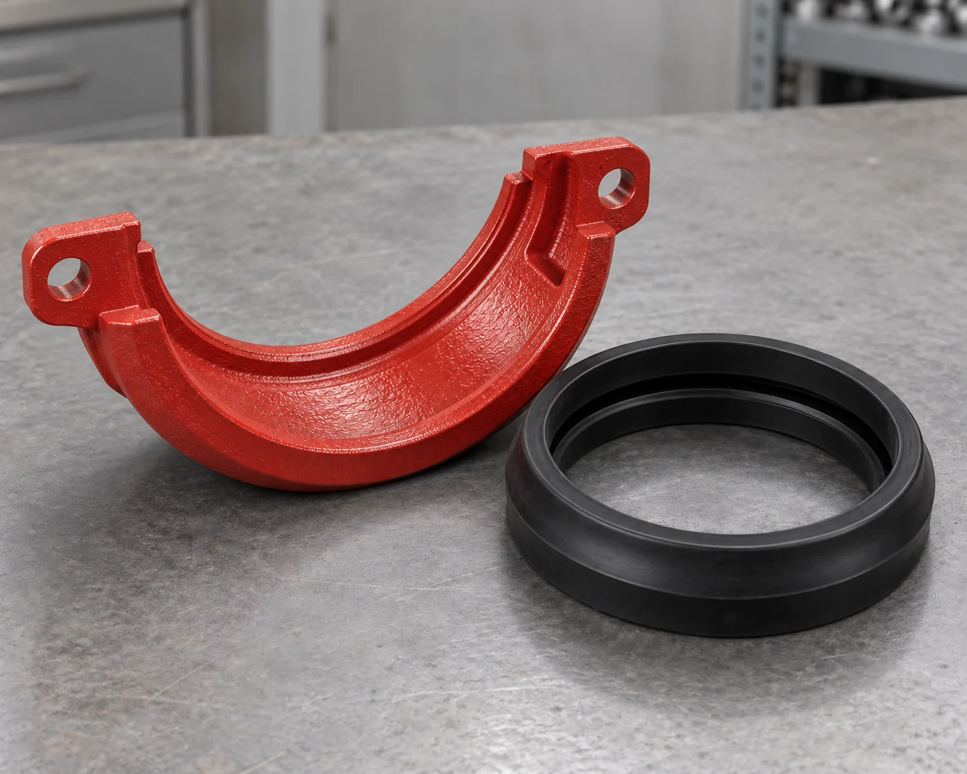 Grooved coupling housing keys beside a shaped rubber gasket