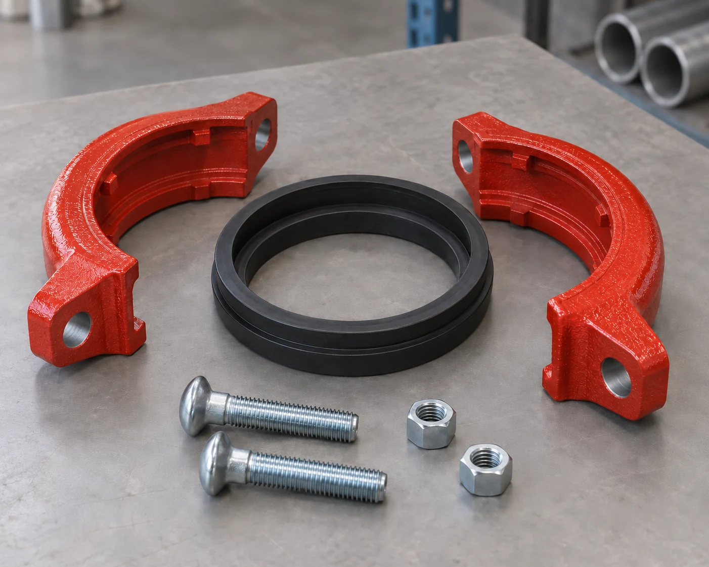 Two coupling housing halves, sealing gasket and two bolt-and-nut sets