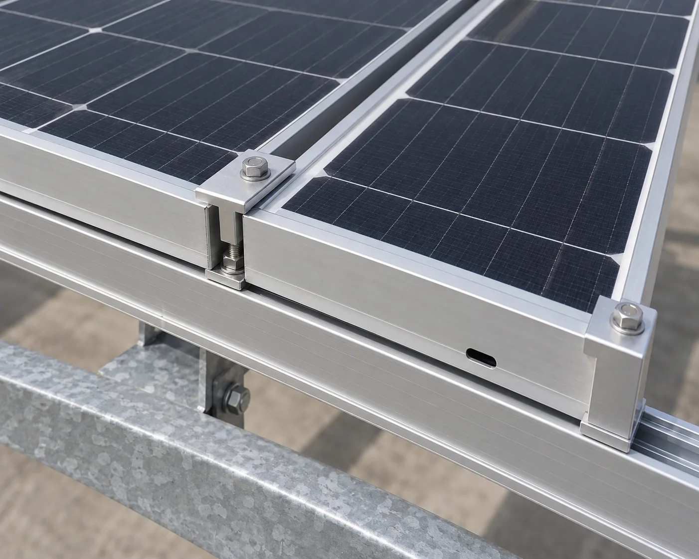 Solar module frame secured to a support rail with a mid clamp and adjacent end clamp