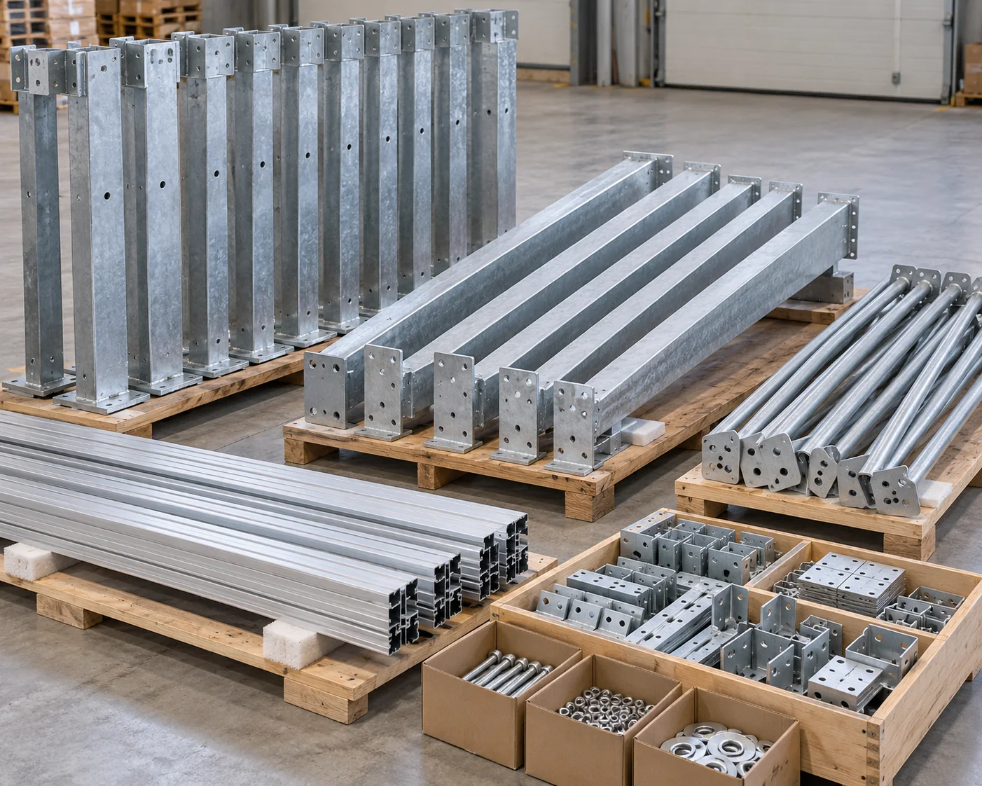 Galvanized rack members, connection plates and boxed fasteners grouped on timber supports