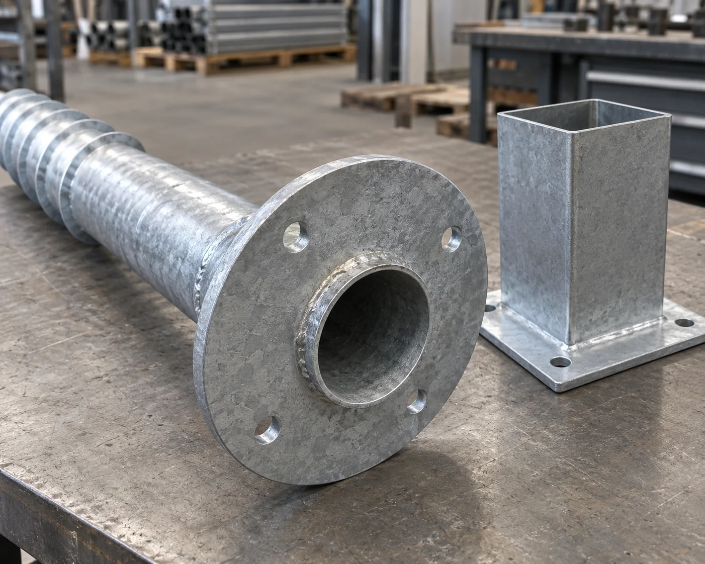 Ground-screw welded head flange with bolt holes and an exposed tubular shaft