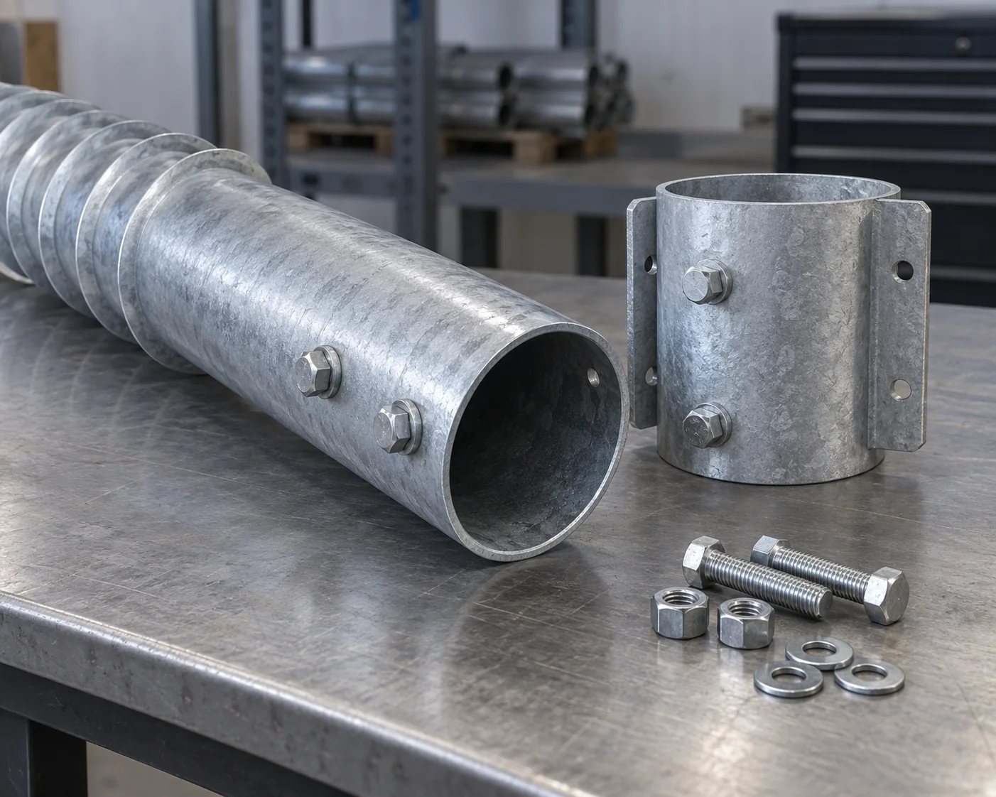 Separate sleeved head beside an open-top ground screw with fastening nuts