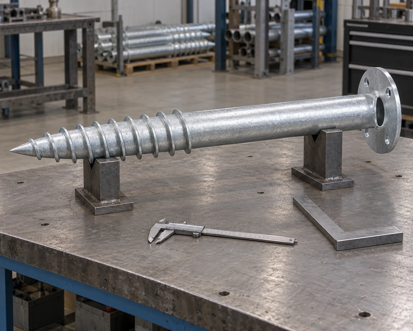 Tubular ground screw and head components beside an idle caliper and inspection fixture