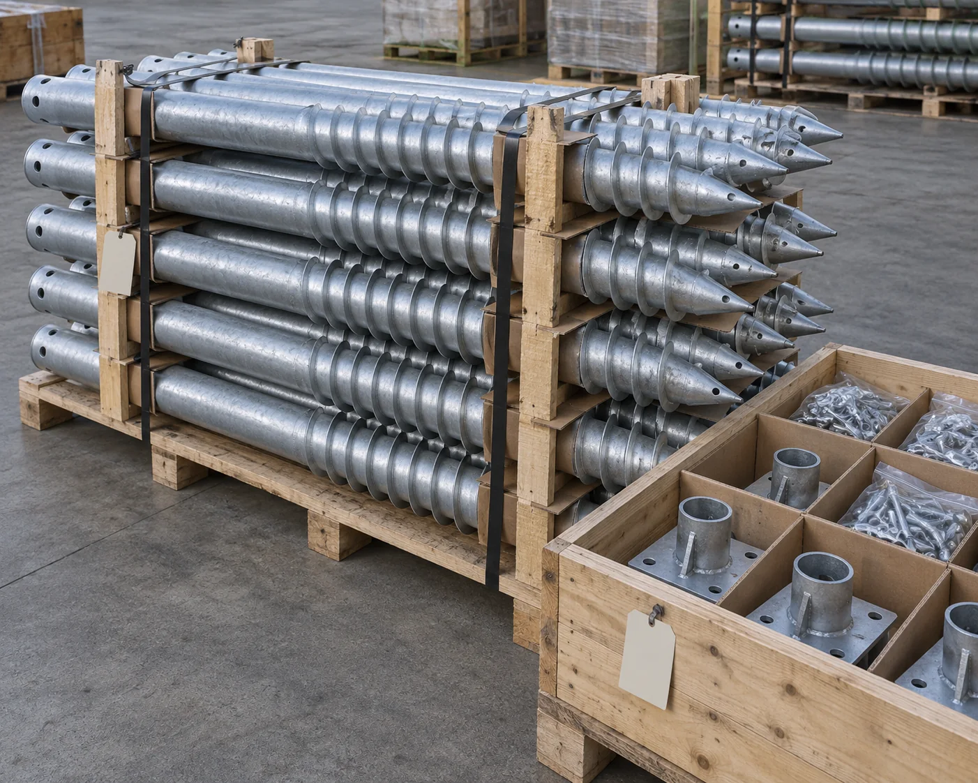 Ground screws on separated timber supports with heads and hardware packed alongside