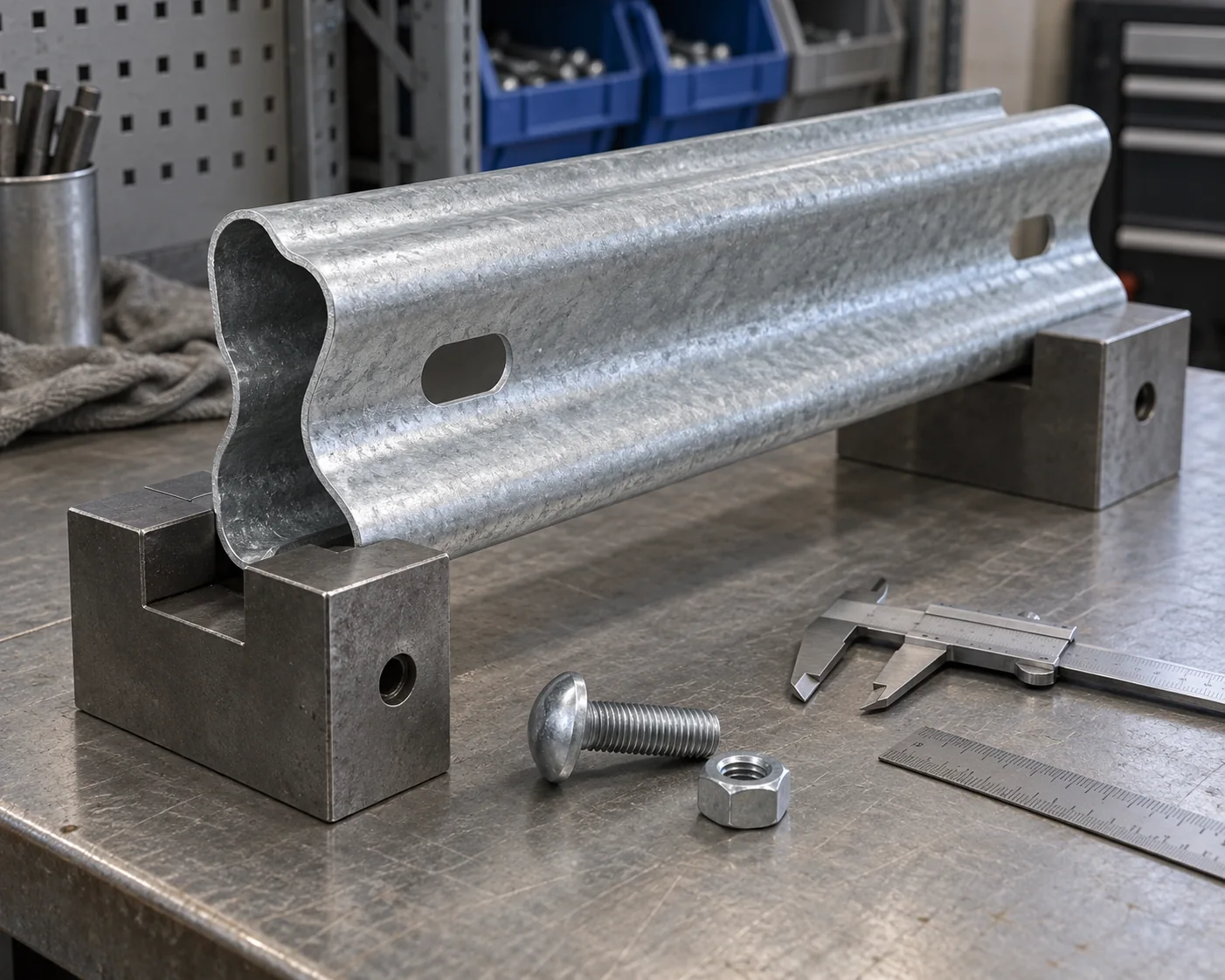 Corrugated guardrail panel sample in a bench fixture beside measuring tools and splice hardware
