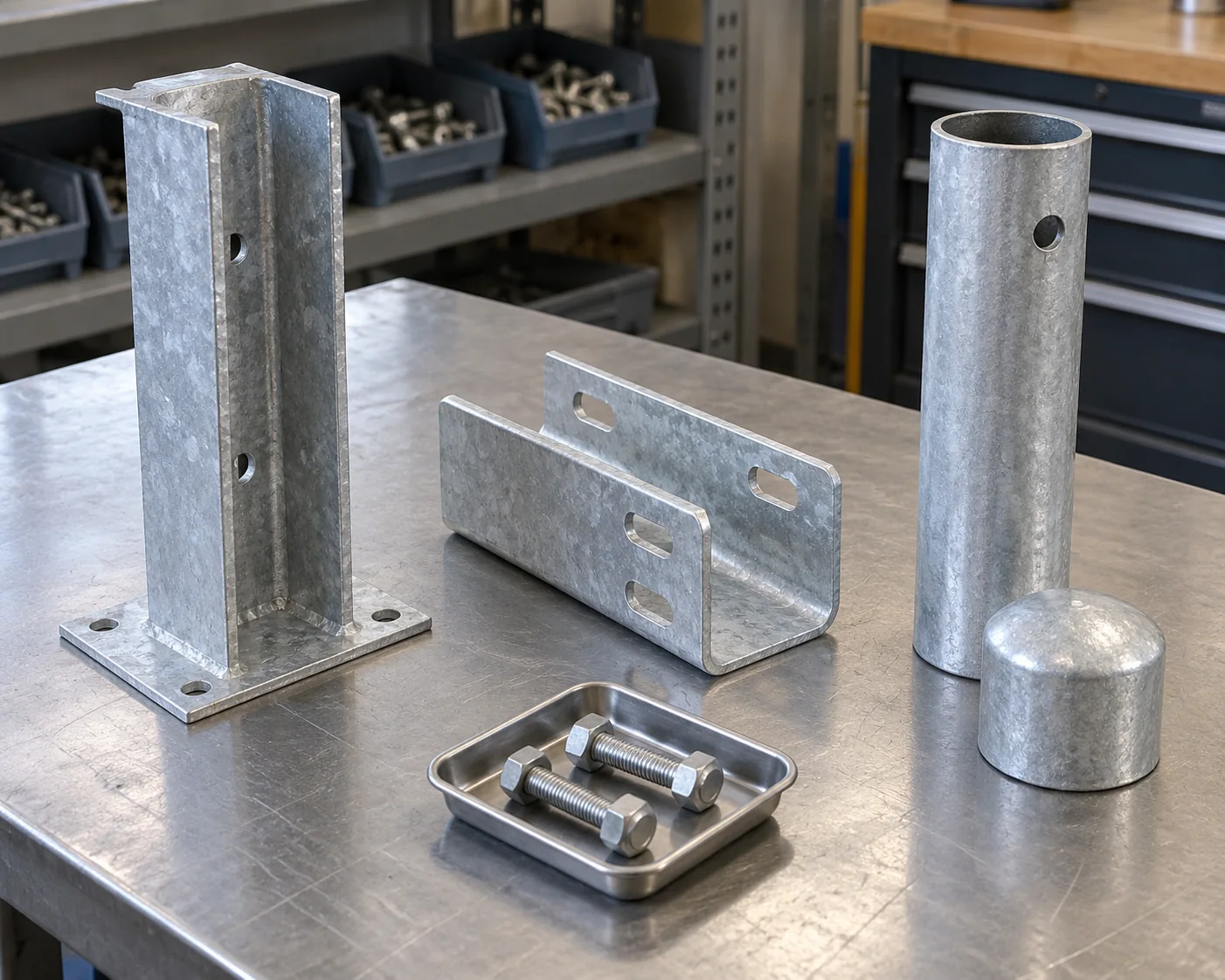 Steel guardrail post sections, offset blocks and caps displayed as separate components