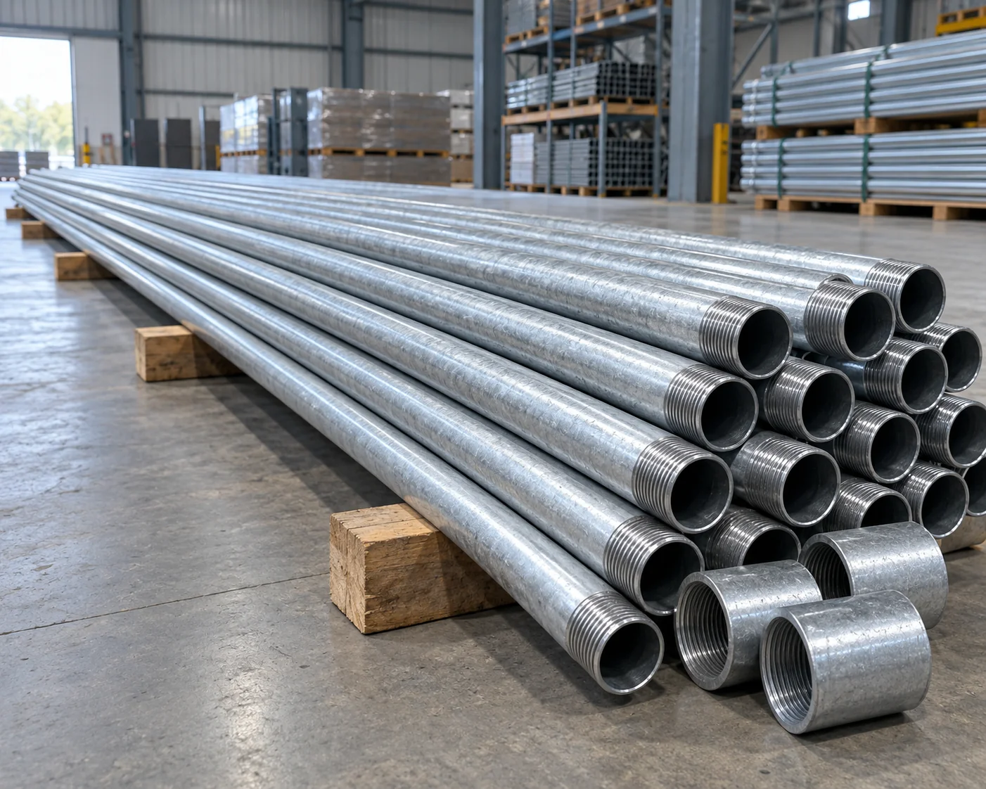 Straight galvanized IMC lengths arranged on warehouse supports
