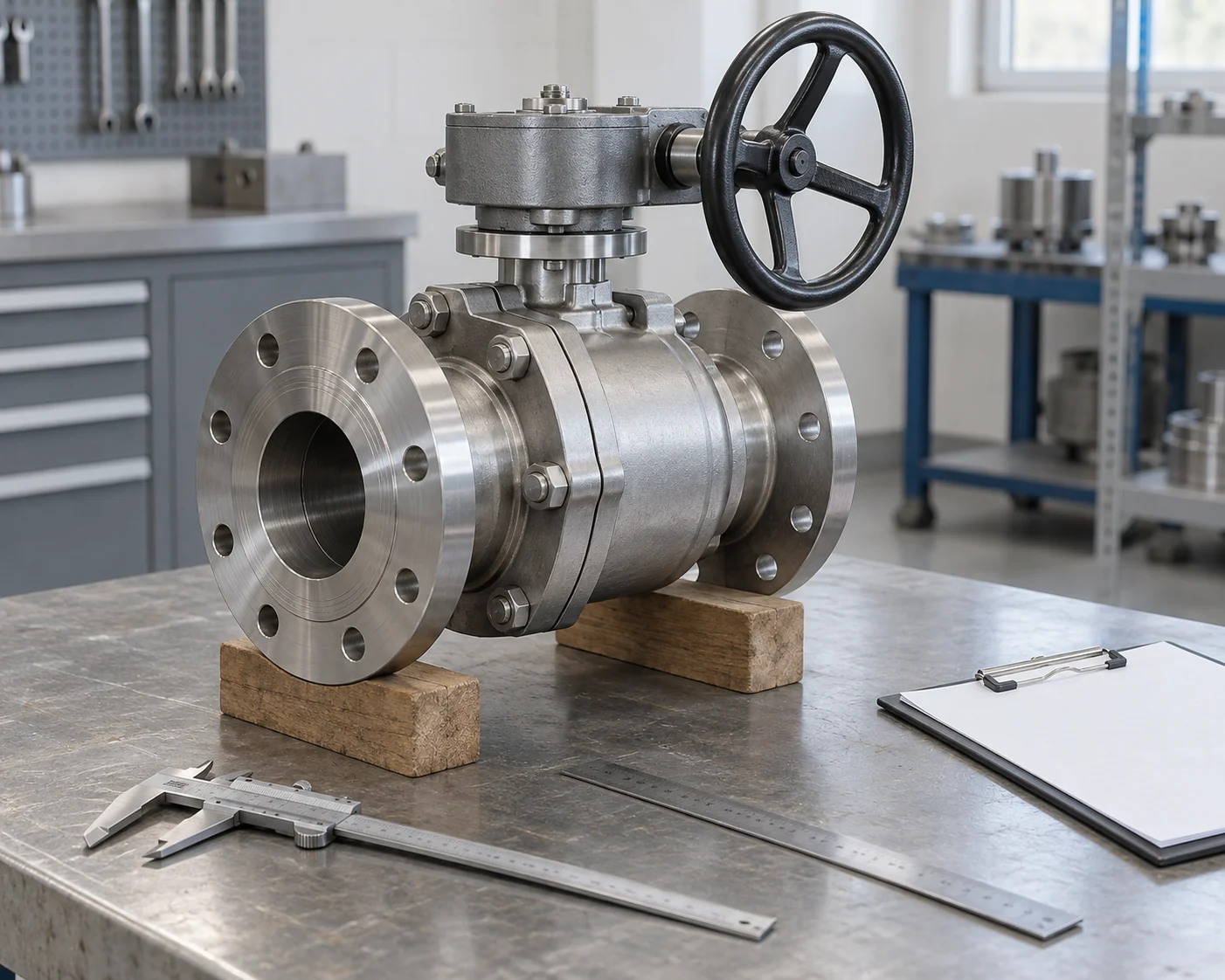 Flanged ball valve on supports beside separate dimensional inspection tools