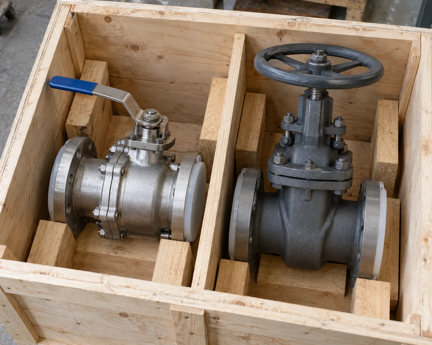 Flanged valves supported in a wooden crate with protected port openings