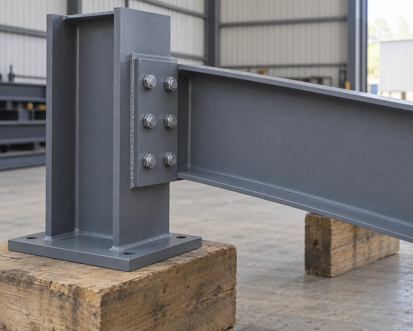 Primed H-section frame connection with a bolted end plate on workshop supports