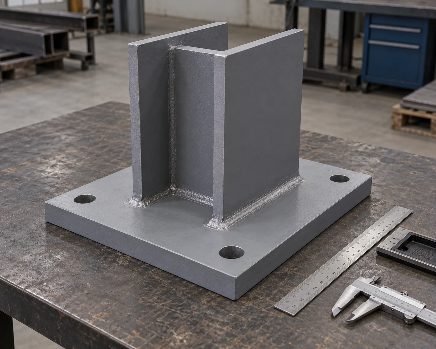 Steel base plate and welded H-column stub beside idle measuring tools on a bench