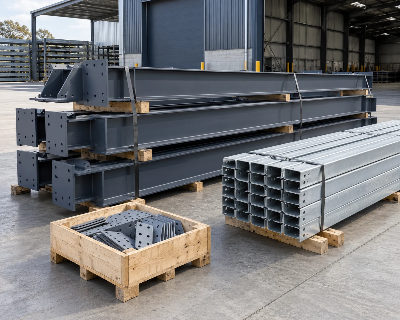 Grouped H-section members, C purlins and connection plates on shipping supports