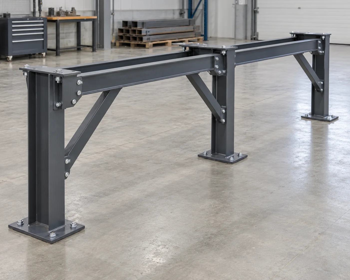Painted steel conveyor support trestles and longitudinal framing with open equipment attachment points