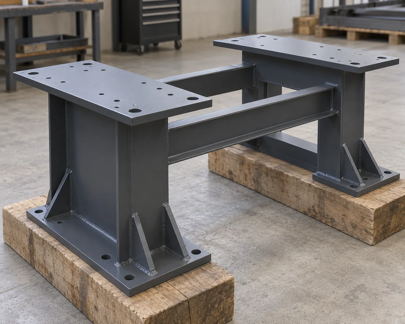 Painted equipment support crossmembers with drilled mounting plates and gusseted bases