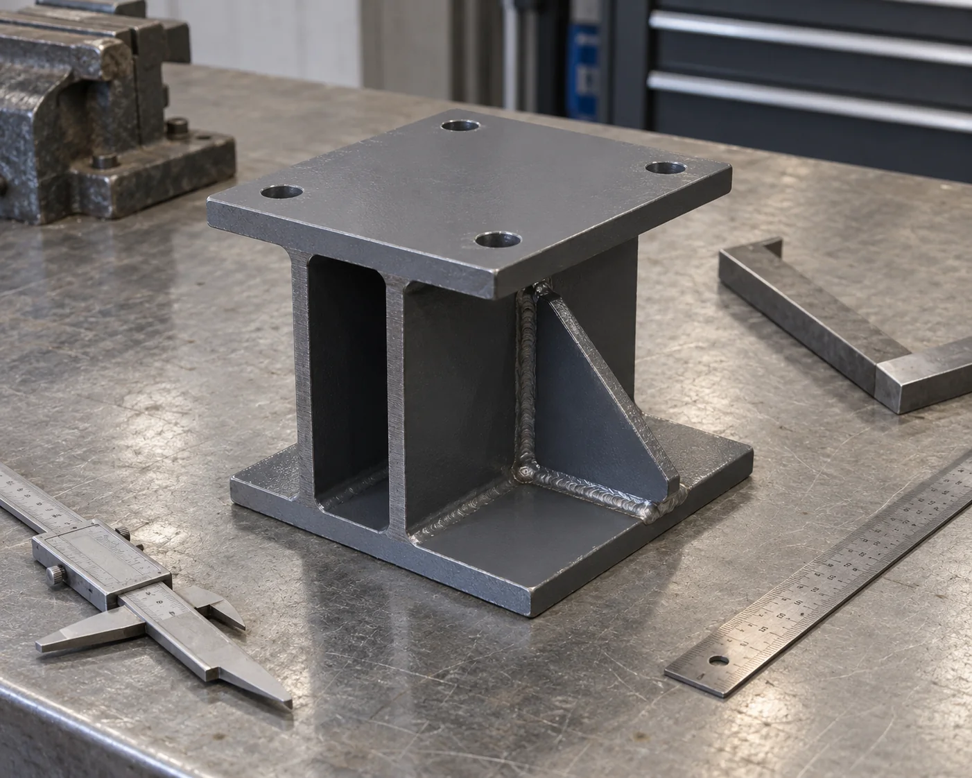 Painted equipment mounting assembly beside idle dimensional tools on an inspection bench