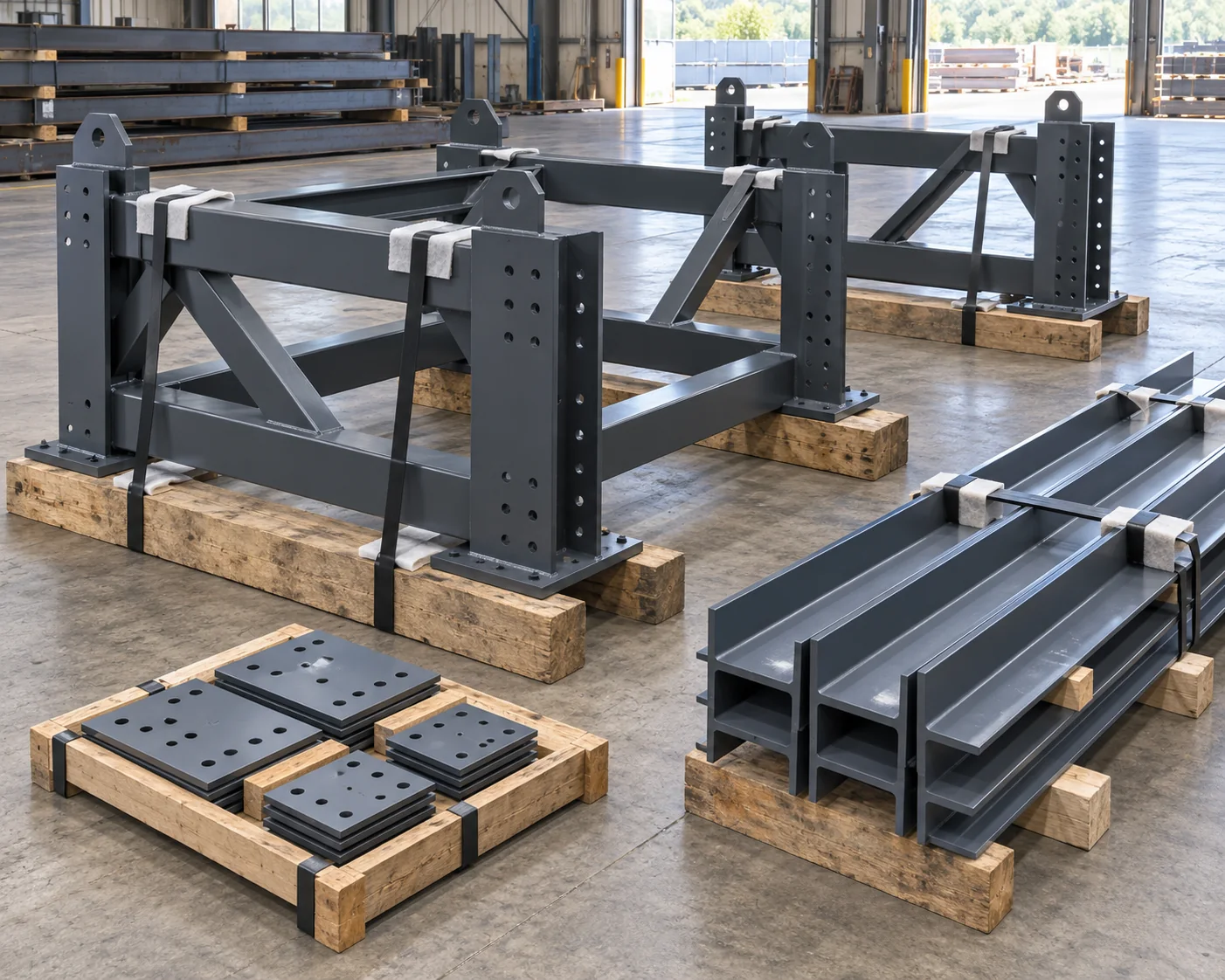 Painted industrial support modules and connection plates arranged in separate protected shipping groups