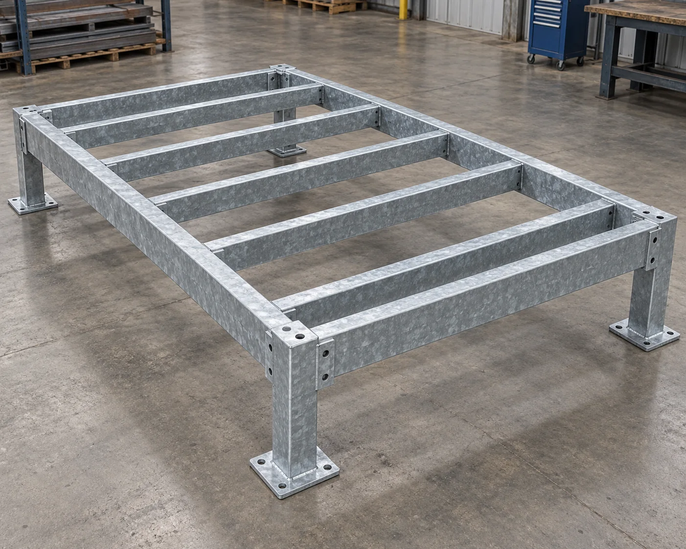 Galvanized platform framing with perimeter beams, secondary members and separate connection plates