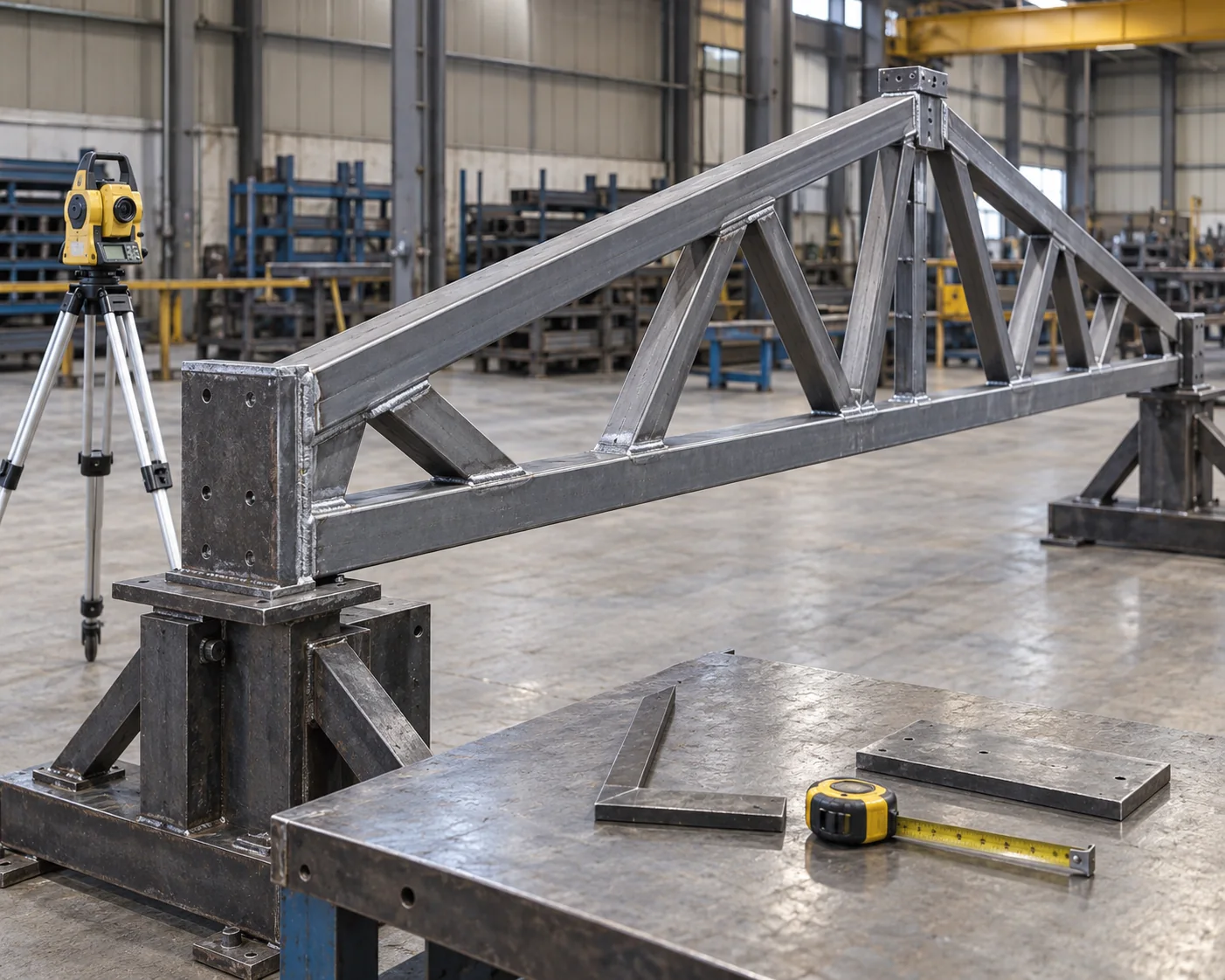 Roof truss segment on a fabrication jig beside surveying and dimensional inspection tools