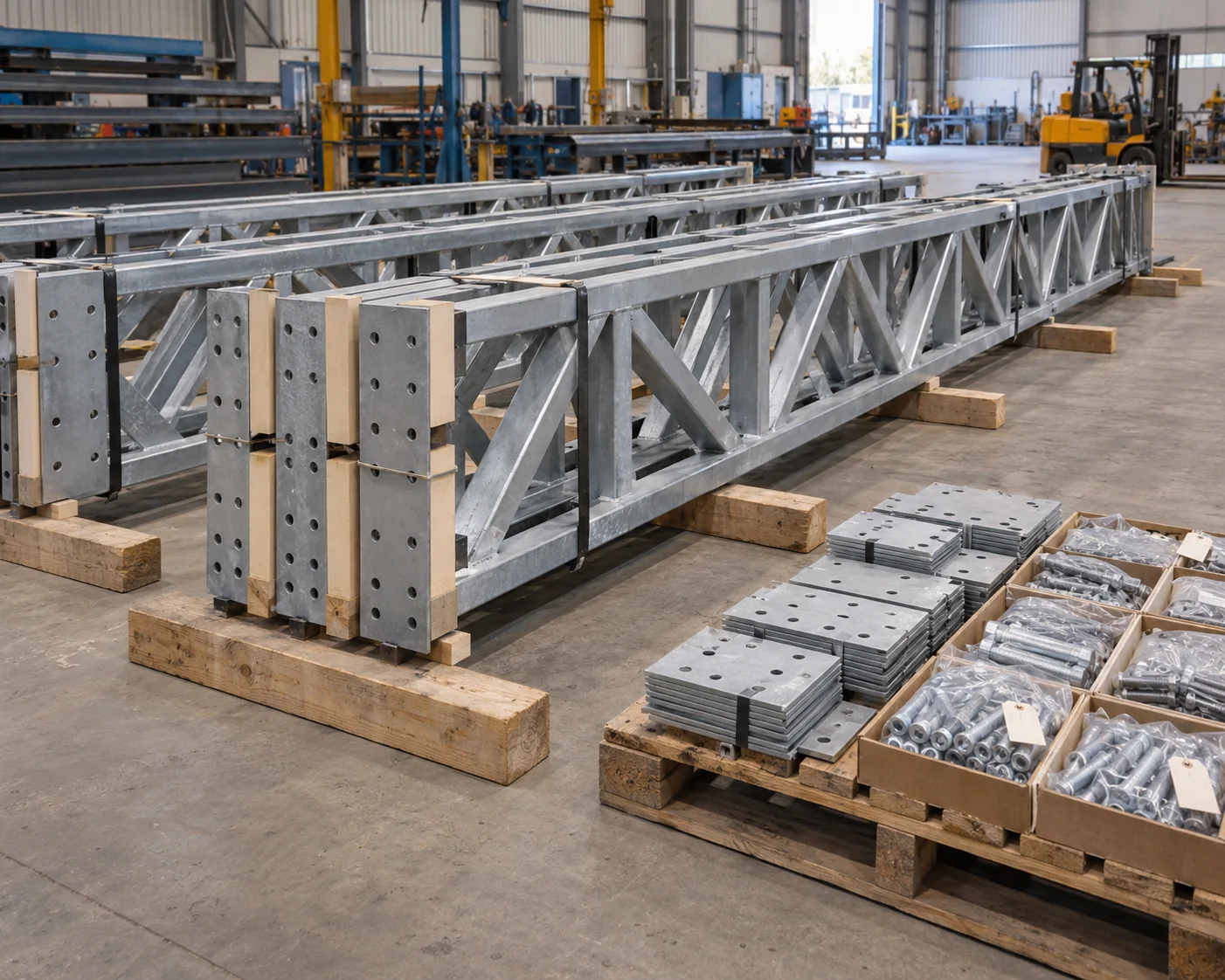 Protected roof truss segments and matching connection pieces packed in separate shipment groups
