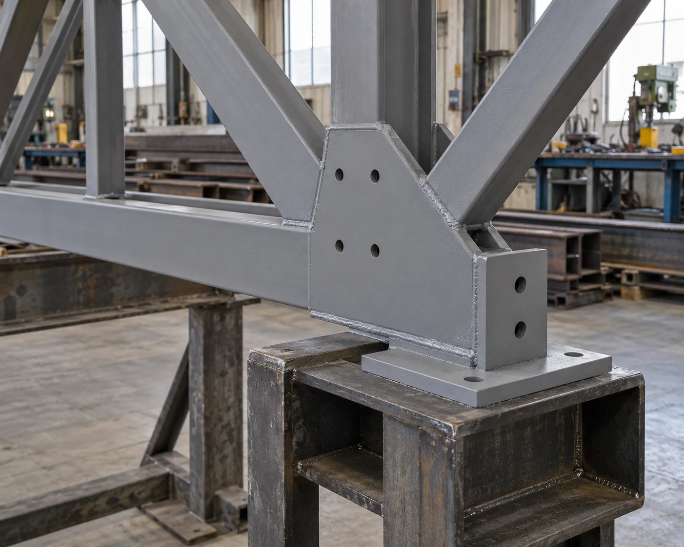 Roof truss support end with gusset plates, bearing seat and drilled connection holes