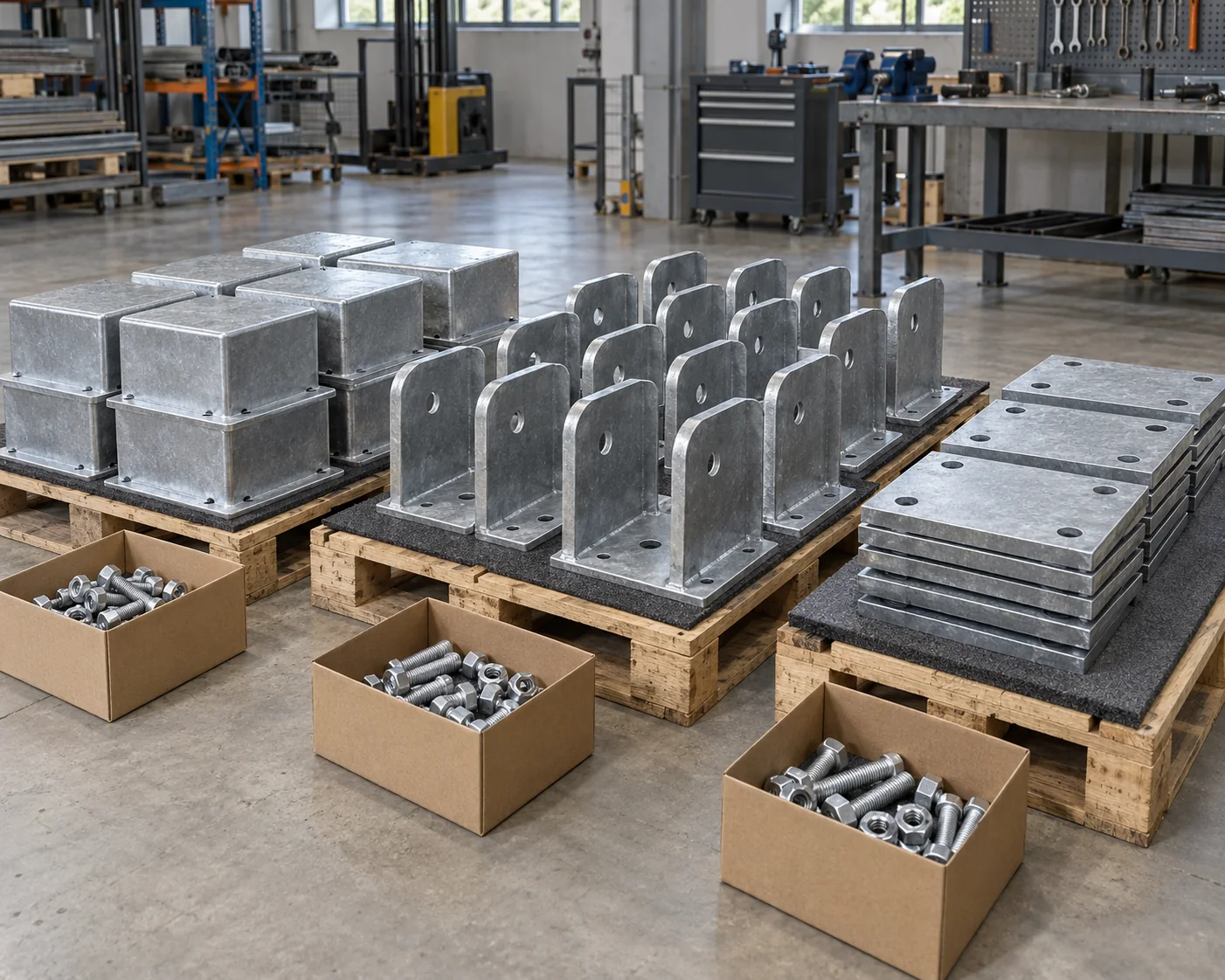 Pile heads and saddle brackets packed by assembly type