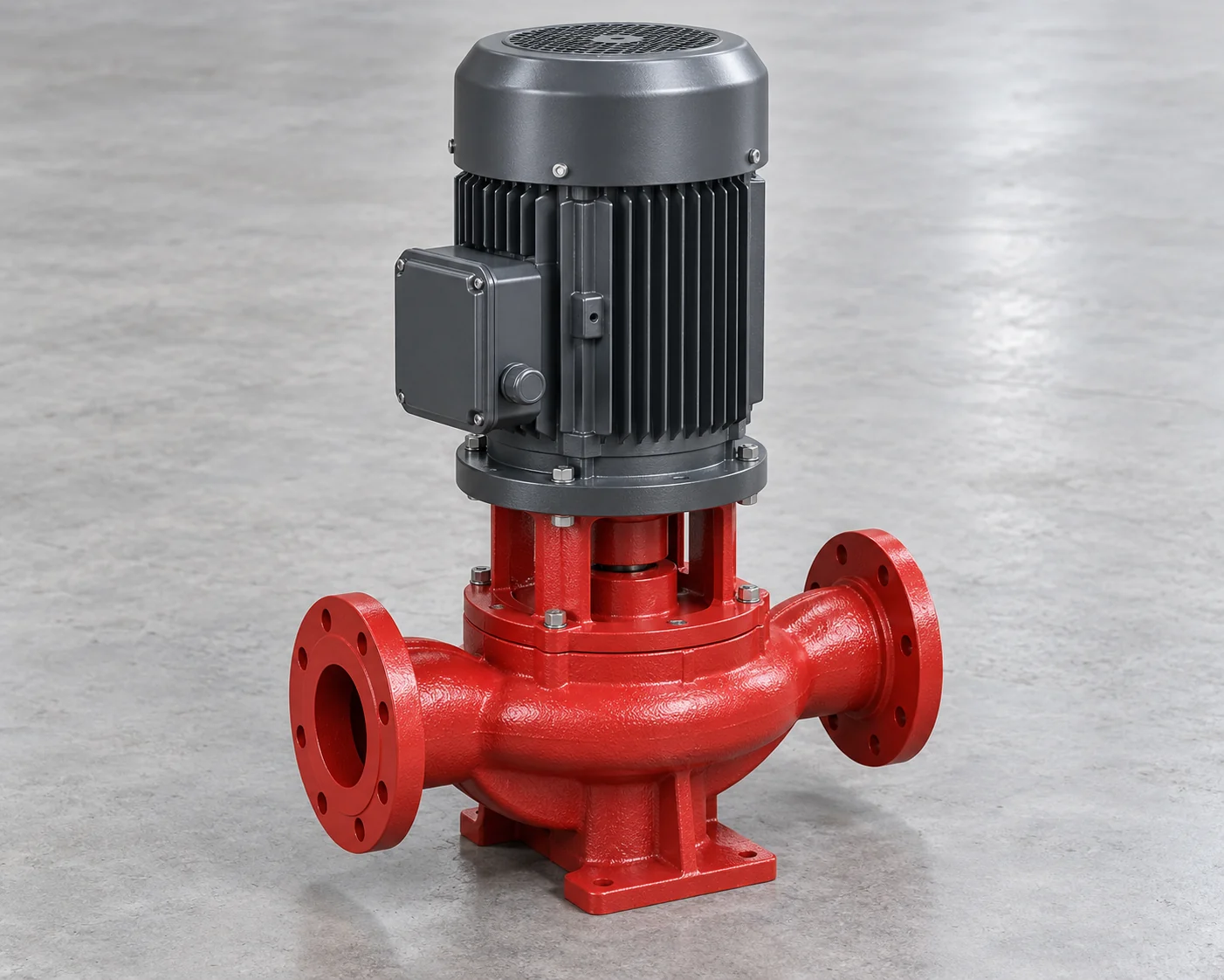 Vertical inline centrifugal pump with motor above two opposed flanged ports