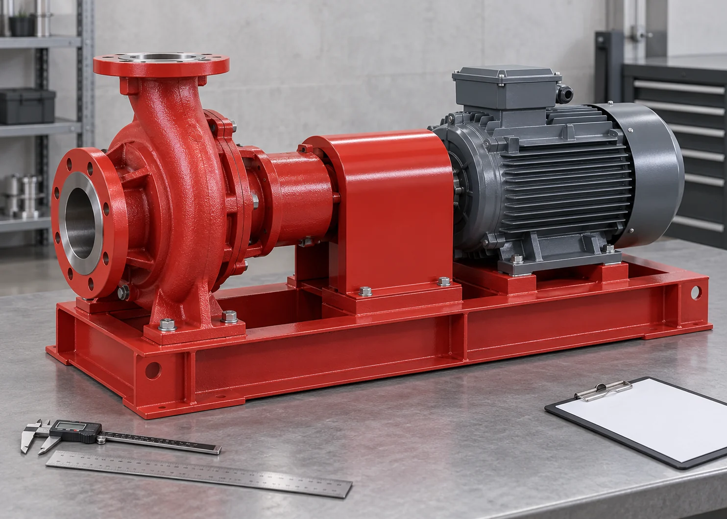 Centrifugal pump and motor on a bench beside separate dimensional inspection tools