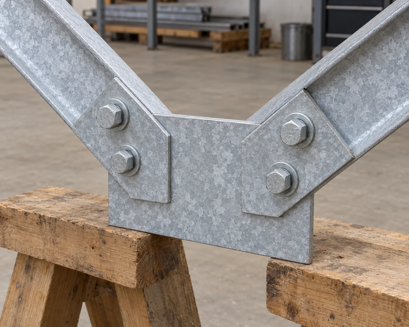 Galvanized angle bracing connected to a gusset plate with visible bolts and washers