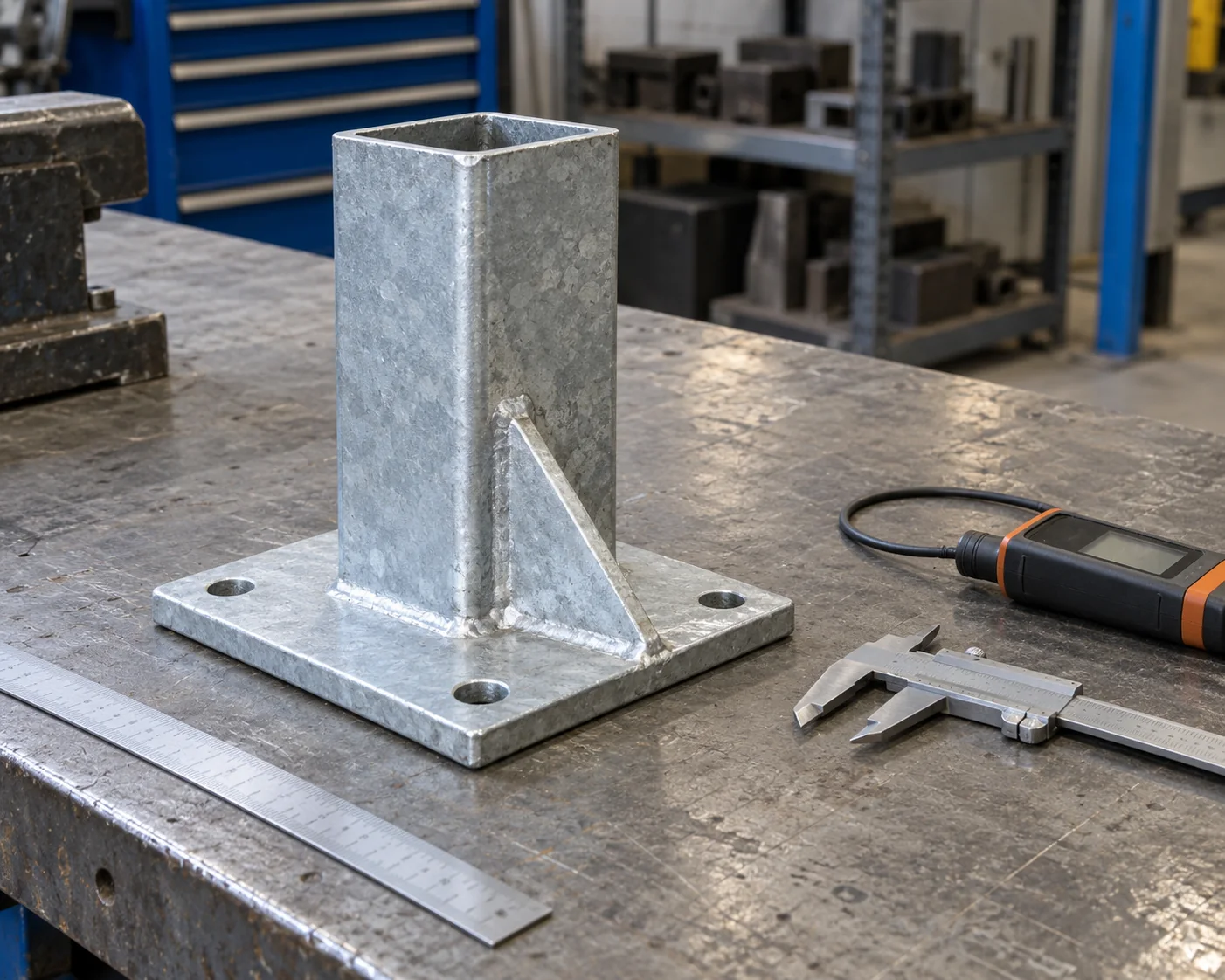Galvanized hollow support stub and drilled base plate beside dimensional and coating tools