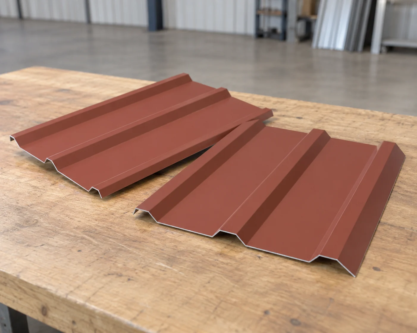 Red prepainted steel panel samples with shallow trapezoidal ribs