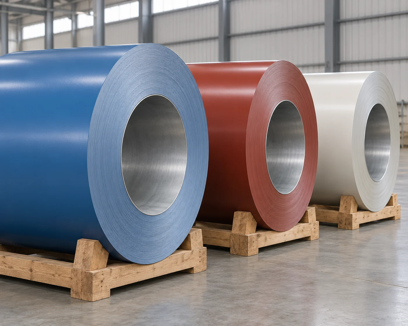 Prepainted steel coils of different colors on timber cradles.