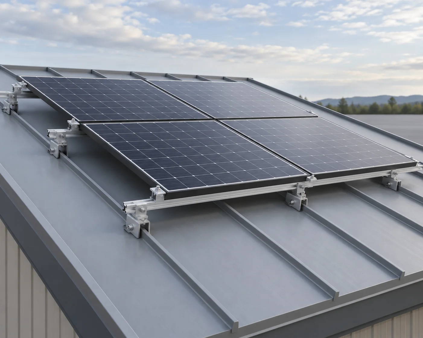 Solar modules supported on rails and seam attachments over a standing-seam roof section