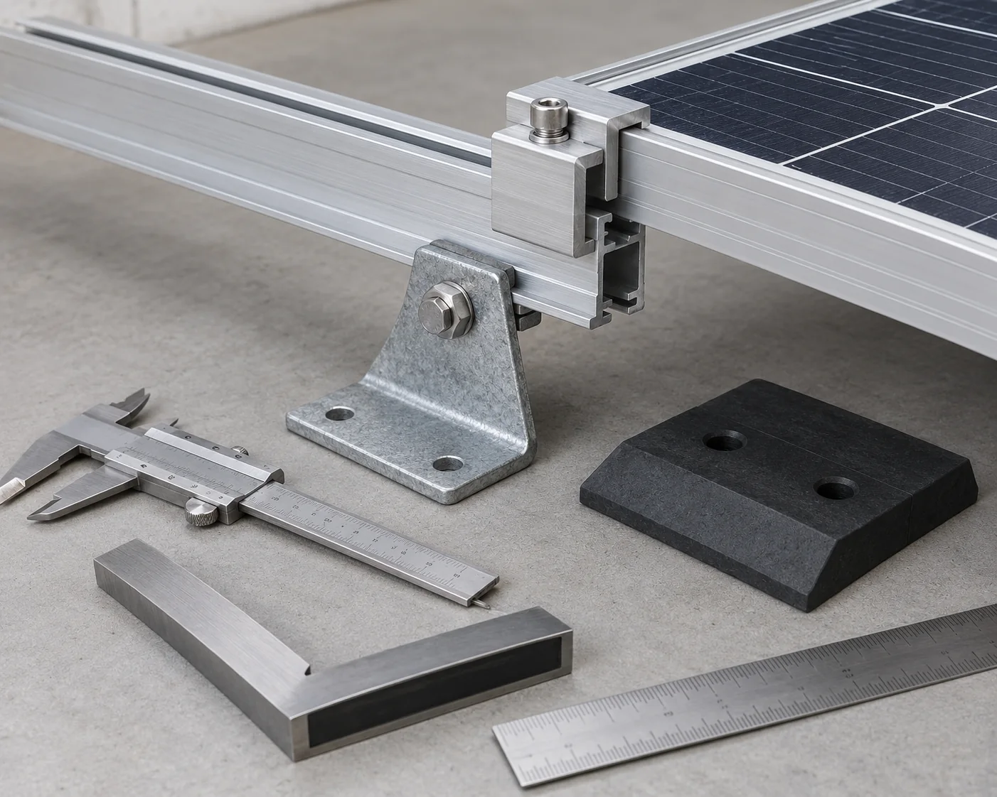 Roof rail, module clamp and attachment foot beside an idle caliper and square