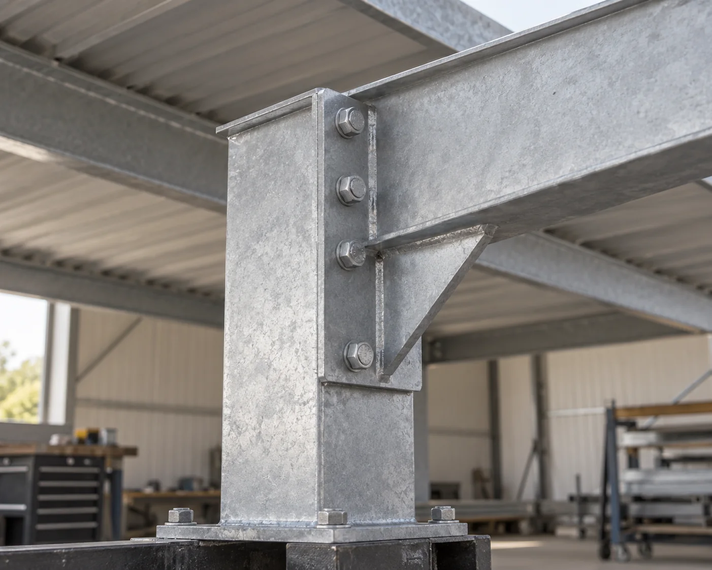 Steel carport column head with bolted rafter connection and accessible stiffener plates