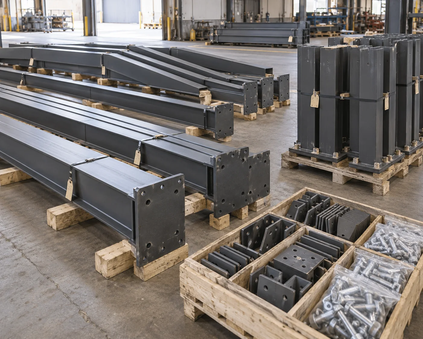 Protected canopy members and separate connection plates packed in bay groups